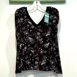 CHASER Plunging V puff shoulder long sleeve stardust galaxy print T-shirt small